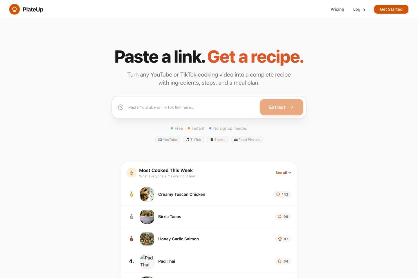 PlateUp live website with its recipe-link input and orange typography